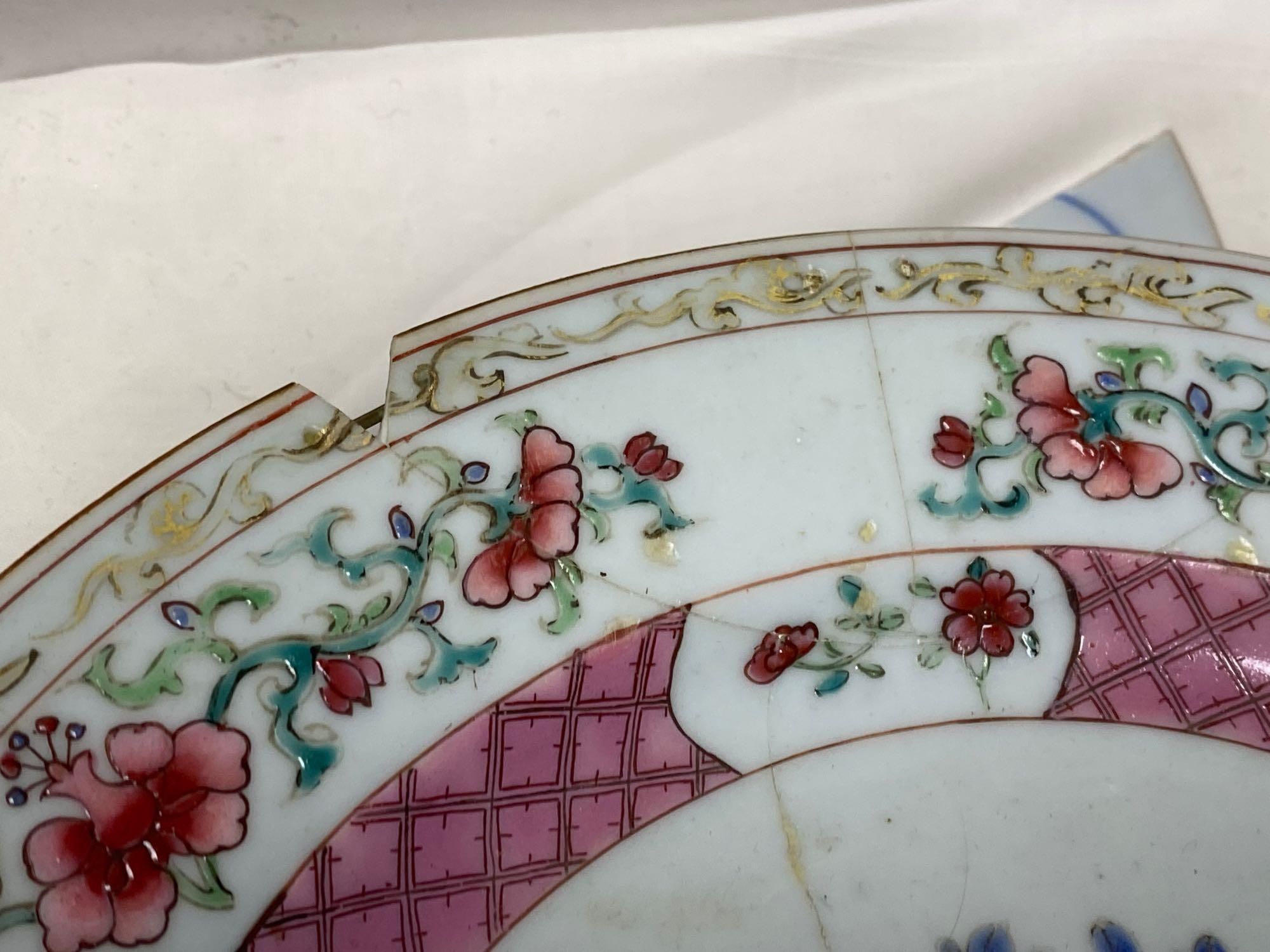 Three Chinese pseudo tobacco leaf plates and other 18th century Chinese export plates